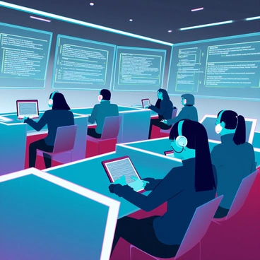 A quiet room filled with advanced technology and glowing screens. Several agents with varied appearances are seated at sleek, futuristic desks, focused intently on decoding intercepted messages. Each agent has a headset on, listening to audio feeds while working with tablets displaying lines of coded text. The walls are lined with high-tech monitors showing data streams and visual representations of the messages. Subtle neon lighting casts a cool glow throughout the room, enhancing the atmosphere of concentration and urgency.
