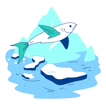 A white flying fish with vibrant teal fins is gracefully soaring above icy waters. Below the fish, large chunks of ice from a polar ice cap float in the water, reflecting the surrounding cold environment. The fish looks poised and streamlined as it glides above the crystal-clear water, while the ice cap towers in the background, creating a stark contrast against the deep blue of the ocean. Bubbles trail behind the fish, adding to the sense of motion and energy in this crisp, wintry scene.