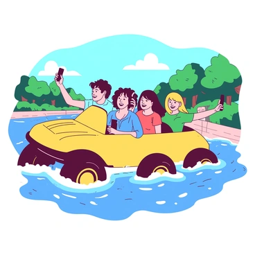 A group of tourists is seated in a bright yellow duck boat as it transitions from land to water. The boat is partially submerged, with water splashing around the tires. The tourists are smiling and taking pictures with their smartphones, capturing the excitement of the moment. Some passengers are leaning over the sides, watching the water rise around the boat. In the background, there are green trees lining the shore and a clear blue sky above, adding vibrancy to the scene.