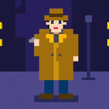 A detective wearing a trench coat and fedora is examining a clue on the street in a dimly lit city at night.