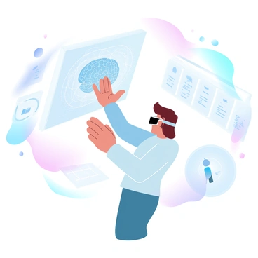 A person wearing VR goggles exploring a virtual model of the prefrontal cortex
