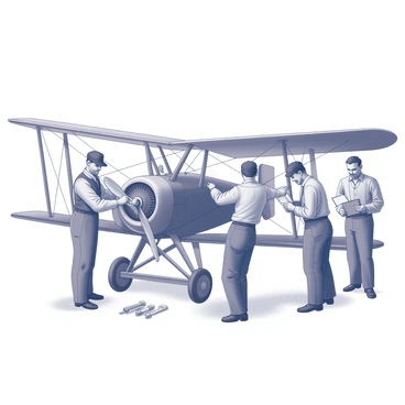 A group of historic aviation pioneers is gathered around an early aircraft. The aircraft features a biplane design with wooden wings and a sturdy frame. Two men are closely examining the propeller, which is mounted at the front of the aircraft. One of the pioneers is using a wrench to tighten a bolt, while another is holding a clipboard, taking notes about the adjustments being made. In the background, there are scattered tools and spare parts meant for the maintenance of the aircraft. The scene is filled with a sense of determination as they work meticulously to ensure the aircraft is ready for flight.