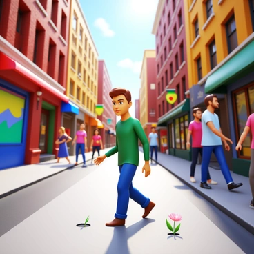 A person walking through a bustling city street, surrounded by tall buildings and vibrant storefronts. The individual has an observant expression, focusing on small details such as a colorful mural on a wall, a unique pattern on the sidewalk, and a small flower growing through a crack in the pavement. Other pedestrians hurry by, oblivious to these details. The sunlight casts interesting shadows from the buildings, highlighting the textures of the urban environment. "Urban insights" are represented through the individual's thoughtful gaze and the subtle beauty of the surroundings.