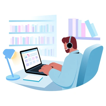 A person sitting at a desk in a cozy home environment is focused on their laptop, which displays a language learning interface. The person is using a headset for better audio while taking notes on a notepad beside them. The desk is cluttered with language textbooks and colorful stationery. A warm light is coming from a nearby lamp, casting a gentle glow over the scene. In the background, a bookshelf filled with various books is visible, adding to the study atmosphere.