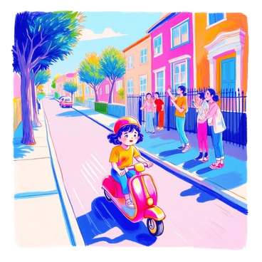 A round child with curly hair is riding a scooter down a sidewalk. The child is wearing a bright red helmet and a colorful t-shirt. Nearby, a group of friends is standing on the side, cheering enthusiastically. One friend is waving their arms, while another is clapping. In the background, there are green trees lining the street, and a few houses with colorful doors. The sun is shining, casting soft shadows on the ground.