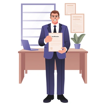 A proud professional standing in an office setting, holding a "Microsoft certification diploma" in both hands in front of their chest. The professional is a middle-aged person with light skin and short brown hair, wearing a navy blue suit and a crisp white shirt. They have a satisfied smile on their face, showcasing their achievement. The background features a modern office with a wooden desk, a laptop, and a potted plant. A large window allows bright natural light to filter in, illuminating the space. A few framed certificates are hanging on the wall behind the professional.