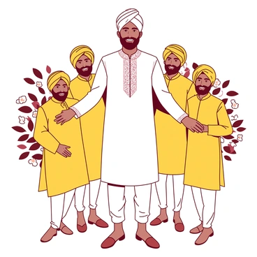 The groom is standing at the center, wearing an elegant white kurta adorned with intricate embroidery. He has a matching white turban on his head. Surrounding him are his groomsmen, each wearing traditional kurtas in a vibrant yellow shade, complemented by matching yellow turbans. They are positioned in a semi-circle, smiling and posing together, showcasing their camaraderie. The background is adorned with floral decorations, adding to the celebratory atmosphere of the occasion.
