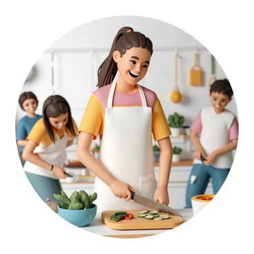 A happy participant in a cooking class, wearing a white apron over a colorful shirt and jeans. She has long brown hair tied back in a ponytail. She is laughing joyfully while chopping vegetables on a wooden cutting board. In the background, there are various cooking utensils, ingredients, and a bright kitchen setting. The participant is surrounded by other classmates, also engaged in cooking, with smiles on their faces.