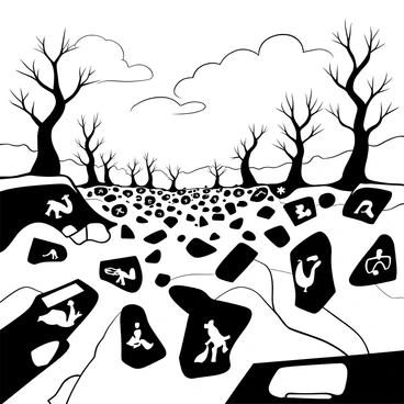 A vast landscape filled with fragmented pieces of glass, each shard reflecting distorted and unsettling images. The ground is uneven and cracked, with patches of darkness interspersed among the fragments. Shards of various sizes appear to float in the air, casting intricate shadows on the ground below. In the background, silhouettes of twisted trees rise against a cloudy sky, their branches intertwining with one another. The overall scene conveys a sense of disorientation and unease, as the reflections on the glass shards depict haunting figures and abstract shapes.
