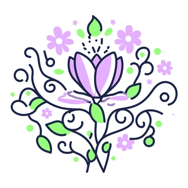 An illustration featuring an intricate flower design at the center. The flower has multiple petals, each distinctly shaped and layered, showcasing fine details in their textures. Surrounding the flower, there are elegant swirling vines and leaves that intertwine gracefully, enhancing the complexity of the composition. The background features a subtle arrangement of additional floral motifs that complement the main design, creating a sense of harmony and balance throughout the image.