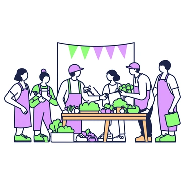 A local market bustling with activity is filled with farmers selling fresh produce. On one side, a farmer stands at a wooden table displaying a variety of fruits and vegetables, including vibrant green lettuce, purple eggplants, and a basket of green apples. Next to him, another farmer offers colorful bunches of carrots and fresh herbs. Eager customers are nearby, some examining the produce closely, while others are exchanging money for their selected items. In the background, a colorful banner hangs above the market, adding to the lively atmosphere.