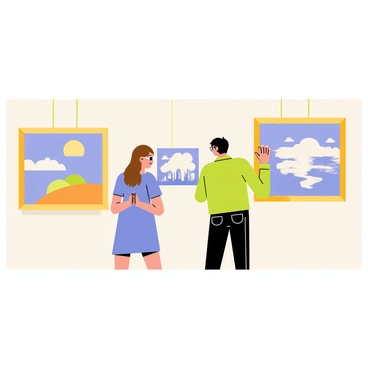 Two individuals are standing side by side in an art gallery. One person, a woman with shoulder-length brown hair, is wearing a blue dress and has her hands clasped in front of her as she admires a large abstract painting. The other person, a man with short black hair, is wearing a green shirt and glasses, looking thoughtfully at a detailed landscape painting on the opposite wall. The gallery has soft lighting, and multiple frames with various paintings are visible in the background, creating an atmosphere of contemplation and appreciation for art.