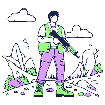 A rugged survivor stands in a desolate landscape, characterized by barren ground and scattered debris. The survivor has a weathered face, with unkempt hair and a determined expression. He is wearing a tattered jacket with patches, rugged pants, and sturdy boots. In his hands, he grips a makeshift gun, carefully crafted from scavenged materials, which he holds at the ready. Around him, hints of a crumbling world are evident, with remnants of broken structures and dried vegetation scattered across the terrain. The sky above is overcast, adding to the bleak atmosphere of the scene.