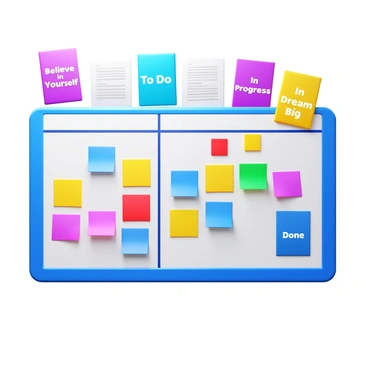 A kanban board displaying colorful sticky notes and task cards. The board is filled with various categories such as "To Do," "In Progress," and "Done." Surrounding the board, several motivational posters hang on the wall. Each poster features bold text with phrases like "Believe in Yourself" and "Dream Big." The overall setting is well-lit, creating a vibrant and encouraging workspace atmosphere.