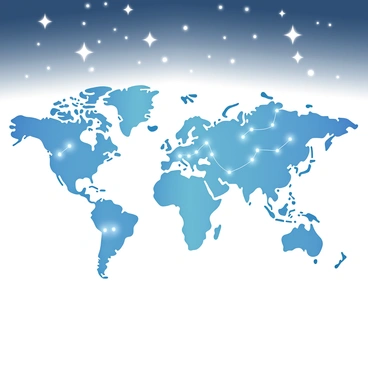 A detailed world map is spread out, showing all continents in distinct shades. The map is illuminated by various starry constellations that are interconnected with glowing lines, creating patterns across the surface. Above the map, a dark blue night sky is filled with a multitude of bright stars scattered throughout, enhancing the celestial ambiance. The constellations are represented by small, luminous dots that correspond with the shapes of known star formations.