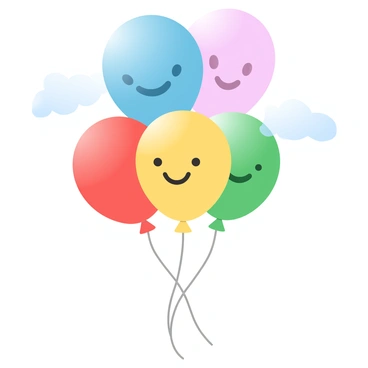A cluster of colorful balloons is floating upwards in a clear sky. Each balloon features a different vibrant color, such as red, blue, yellow, and green. "Smiling faces" are drawn on each balloon, adding a cheerful element to the scene. The balloons are tethered by thin strings that sway gently in the breeze. A few fluffy white clouds are visible in the background, enhancing the light and airy atmosphere.