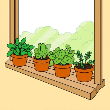 A kitchen windowsill made of light wood, bathed in sunlight. The sill is lined with several small, round terracotta pots filled with vibrant green herbs. The pots contain basil with broad leaves, mint with jagged edges, and a few sprigs of parsley with delicate fronds. The herbs are lush and healthy, some of the leaves glistening with moisture. The background features a slightly blurred view of a sunny garden outside the window, enhancing the fresh atmosphere of the scene.