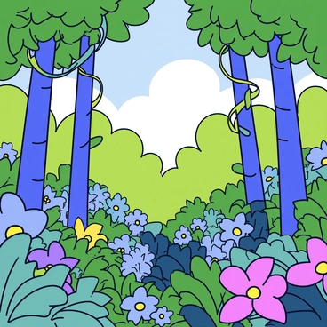 A view from the top of a rainforest canopy filled with a variety of plant life. Tall trees with thick trunks and broad green leaves create a dense layer. Vines and colorful flowers intertwine among the branches. The sunlight filters through the leaves, casting dappled light on the lush foliage below. Different shades of green dominate the scene, with hints of vibrant colors from the flowers peeking through.