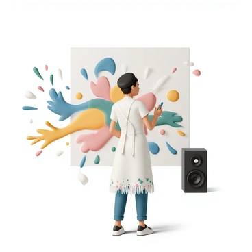 An artist, wearing a black beret and a paint-splattered apron, stands in front of a large canvas. She is holding a paintbrush in her right hand, with her left hand gesturing as if she is directing the flow of colors. Bright, vibrant colors such as blues, reds, yellows, and greens are visibly flowing from a pair of large speakers placed nearby. The colors swirl and blend together, creating an energetic burst that appears to leap off the canvas. The artist's focused expression captures her deep connection to the music playing from the speakers, with abstract shapes and patterns forming around her.