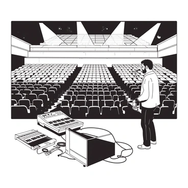 Diljit Dosanjh is standing on the stage in an empty concert hall, holding a microphone in one hand while adjusting the sound equipment with the other. The large, open space is filled with rows of empty seats, all facing the stage where a spotlight shines down on him. The walls of the concert hall are adorned with acoustic panels, and soft echoes of his voice can be heard as he conducts the soundcheck. The stage is set up with various musical instruments, including a keyboard and guitars, positioned around him. A large speaker is placed at the front of the stage, and cables are scattered across the floor, leading to the soundboard located at the side of the stage.