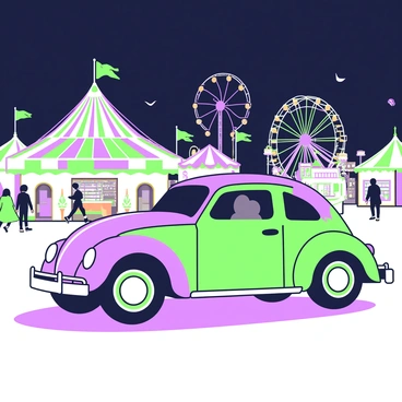 A Beetle car is parked to the side, its rounded shape clearly visible. In the background, a lively carnival is illuminated with a multitude of lights. Various rides, such as a Ferris wheel and a carousel, are prominent, showcasing colorful tents and attractions. People can be seen walking around, enjoying the festive atmosphere. The sky above is dark, creating a contrast with the vibrant lights of the carnival and the classic shape of the Beetle car.