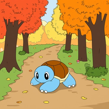 A small blue turtle-like creature with large round eyes, known as "Squirtle," is walking leisurely along a dirt path in a vibrant forest. The forest is filled with trees whose leaves are a mix of orange, red, and yellow, creating a colorful carpet on the ground. The sunlight filters through the branches, casting playful shadows on the path. Squirtle has a cheerful expression, and its shell is visible as it strolls, leaving light footprints in the fallen leaves. In the background, a few mushrooms and small bushes can be seen, enhancing the lively atmosphere of the autumn setting.