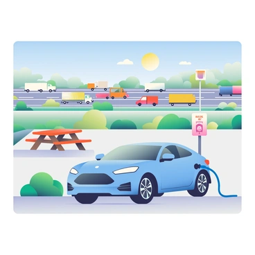 An electric car in a sleek, modern design is parked at a charging station located in a rest area. The car is painted in a bright blue color and has charging cables connected to it. Surrounding the car, there are a few green trees and vibrant shrubs that add some color to the scene. In the background, a busy interstate highway is visible with multiple lanes filled with a variety of vehicles, including trucks and sedans. A clear blue sky stretches overhead, and the sun is shining, creating a warm atmosphere in the area. Nearby, a picnic table is set up under a shaded area, and a sign indicating the rest area facilities is present.