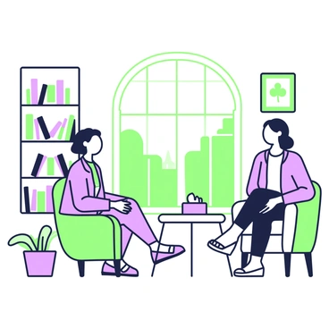 A cozy counseling room includes a therapist sitting in a comfortable armchair, facing a client who is seated on a soft couch. The therapist has short hair and wears a cardigan over a blouse. The client has long hair and is dressed in casual attire. A small coffee table is between them, holding a box of tissues and a potted plant. The room is warmly lit, with bookshelves filled with various books lining the walls. A large window allows natural light to filter in, and a few framed pictures hang on the walls, contributing to the inviting atmosphere.
