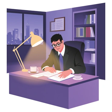 A lawyer sitting at a large wooden desk in a dimly lit office. The lawyer is wearing a formal dark suit and glasses, focused intently on a stack of legal documents in front of them. A desk lamp casts a warm yellow light over the papers, creating a strong contrast against the surrounding shadows. In the background, there is a tall bookshelf filled with law books and some framed certificates on the wall. A half-empty coffee cup sits beside the desk lamp, and a city skyline can be seen through the window, with lights twinkling in the darkness outside.