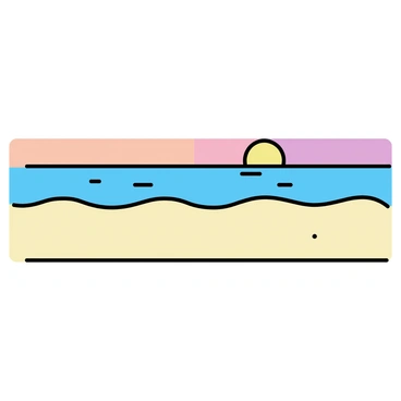 A minimalistic drawing of a beach at sunset. The scene features smooth, light-colored sand stretching across the foreground. Gentle waves are lapping at the shore, creating subtle ripples. The sky is filled with shades of orange, pink, and purple, blending together as the sun sets on the horizon. There are no people present in the scene, allowing the natural beauty of the beach to be the focal point.