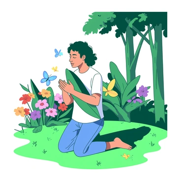 A person with closed eyes is kneeling in prayer on the soft grass of a green garden. The individual has their hands clasped around a long green palm leaf held close to their chest. Surrounding the person are vibrant flowers in various colors, with butterflies fluttering nearby. The sunlight filters through the branches of tall trees, casting gentle shadows on the ground.