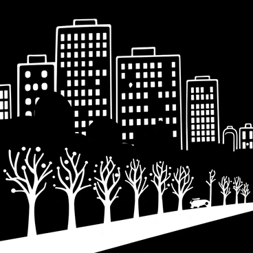A nighttime cityscape featuring tall buildings silhouetted against the sky. The buildings are intricately detailed with windows illuminated in various patterns, creating a striking contrast with the dark structures. The scene includes streetlights casting pools of light onto the sidewalks below. In the foreground, there are trees with intricate branches and leaves, and a road that stretches into the distance, lined with additional faintly glowing street lamps.