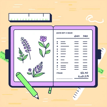 An open journal lies flat on a wooden table, filled with various sketches and expense tracking notes. On the left page, there are detailed sketches of plants and flowers, with fine lines capturing their shapes. The right page features neatly organized columns of handwritten notes, detailing expenses, with items listed next to their corresponding amounts. A green pen rests on the table beside the journal, and a small ruler is partially visible, suggesting ongoing work. The background is softly blurred, focusing attention on the journal and its contents.