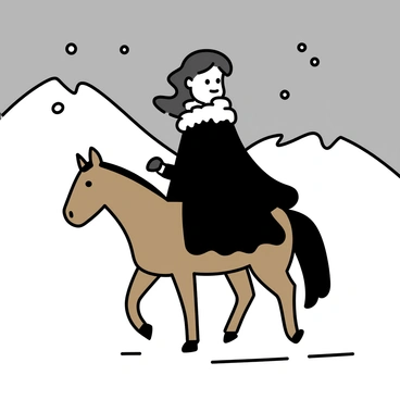 A man with long dark hair, wearing a fur-lined black cloak, is riding a brown horse through a snow-covered valley. The ground is blanketed in white snow, and snowflakes are gently falling from a gray sky. Snowy mountains rise in the background, providing a stark contrast to the dark figure of the man and his horse. The horse's hooves leave tracks in the fresh snow as they move through the serene landscape.