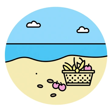 A minimalistic drawing of a beach scene, featuring a sandy shoreline meeting calm waves. In the foreground, there is a picnic basket made of woven straw. The basket is open, displaying an assortment of almonds scattered alongside colorful fruits, including red apples and yellow bananas. A clear blue sky stretches overhead, with a few simple white clouds gently drifting by.