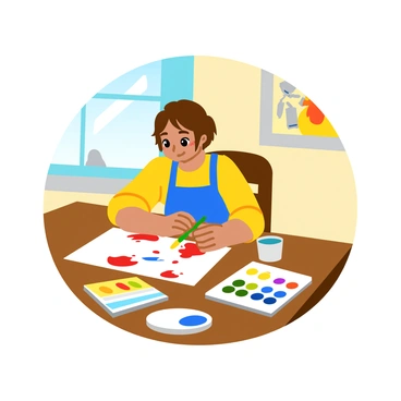 A child with short brown hair sits at a small wooden table, deeply focused on a watercolor painting. The child is wearing a bright blue apron, with splashes of color on it. In front of them, there is a white sheet of paper with vibrant swirls of red, yellow, and blue paint. A set of watercolors, with a rainbow of colors, is placed to the side along with a cup of water. Sunlight filters in through a nearby window, illuminating the scene and casting soft shadows. The walls are adorned with colorful drawings and art supplies are scattered around the table.