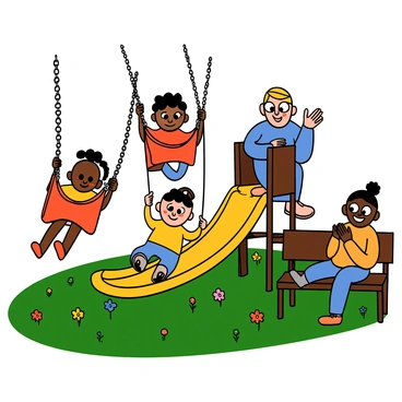 Children playing in a vibrant park with swings, slides, and cheerful parents