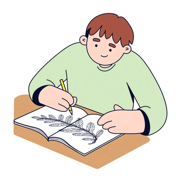 An artist is sitting at a wooden table, focused on sketching. The artist has short brown hair and is wearing a light green shirt. They are holding a pencil in their right hand. A large, detailed drawing of a fern leaf is taking shape in a notebook open in front of them. The fern leaf is intricately drawn, displaying the delicate fronds and intricate patterns. The notebook is white with a simple black cover. The table surface is smooth and has an unfinished wood texture.