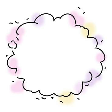 A soft frame of fluffy clouds fills the image. The clouds have a light texture and are varying in size, creating a gentle border. Hints of sunset colors, including soft pinks, oranges, and purples, are subtly blended into the clouds, creating a warm, glowing effect. The overall composition gives an airy and light atmosphere, framing the central space of the image.