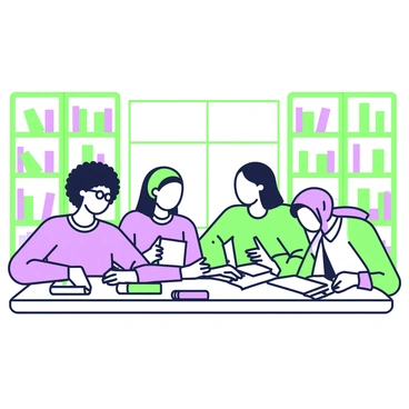 A group of students of various ethnicities are studying together at a large wooden table in a library. The students are engaged in discussion, sharing notes and ideas. One student with curly hair and glasses writes in a notebook, while another student with straight hair points at a shared textbook. A third student, with a headscarf, is flipping through pages of a notebook, and a fourth student with short hair is leaning in, listening attentively. The background features tall bookshelves filled with books and a window that lets in natural light.