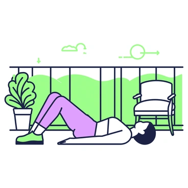 A person is lying on their back on a balcony, performing a glute bridge exercise. The individual has their feet flat on the floor and knees bent, lifting their hips towards the sky. In the background, there is a scenic view of rolling hills and a clear sky. The balcony is adorned with potted plants, and a comfortable chair is positioned nearby. Sunlight casts soft shadows across the balcony floor, enhancing the outdoor atmosphere.