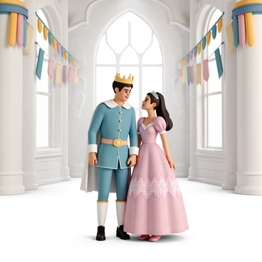 A couple dressed as fairy tale characters stands inside an enchanting castle. The man is wearing a classic blue prince outfit with gold detailing, a crown on his head, and shiny black shoes. The woman is dressed as a beautiful princess in a flowing pink gown with intricate lace patterns and a sparkling tiara. The castle walls are adorned with colorful banners and intricate stone carvings. In the background, tall arched windows let in beams of sunlight, illuminating the couple as they share a joyful moment together.