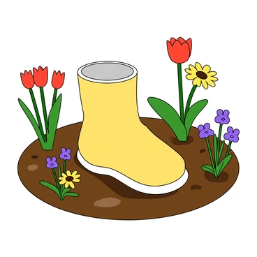 A garden ornament shaped like a rabbit's foot, crafted from bright ceramic and painted in pastel colors. The ornament is positioned prominently on a patch of rich, dark brown soil. Surrounding it are various blooming flowers, including vibrant red tulips, sunny yellow daisies, and delicate purple violets. The flowers stand upright with their green stems and leaves, offering a variety of shapes and sizes. Sunlight casts soft shadows on the soil, highlighting the cheerful scene in the garden.