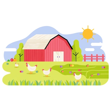 A picturesque organic farm with a wooden barn painted in red. The barn has a white door and a weathered roof. There are several chickens roaming freely on the grassy ground, some pecking at the soil. Rows of vibrant green crops stretch across the field, with colorful vegetables visible among the leaves. The sun is shining brightly in a clear blue sky, casting soft shadows on the farm. A wooden fence surrounds the property, adding to the rustic charm of the scene.