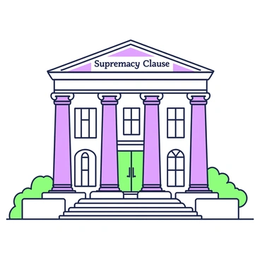 The front of a courthouse features large columns, standing tall and creating an imposing entrance. Above the entrance, there is an engraving that reads "Supremacy Clause" in bold lettering. The facade of the building showcases intricate architectural details, such as decorative motifs around the columns and windows. In front of the courthouse, there are neatly arranged steps leading up to the entrance, while a small garden may be visible on either side, adding greenery to the scene. The sky above is clear, ensuring a bright and inviting atmosphere around this important structure.