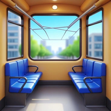 A view from inside a tram, showcasing the interior with seats and handrails. The windows provide a clear view of the outside, where overhead tram cables are visible against a blue sky. The floor has a modern design, and the lighting creates a warm atmosphere. The tram is in motion, with a blurred background of city buildings and trees.