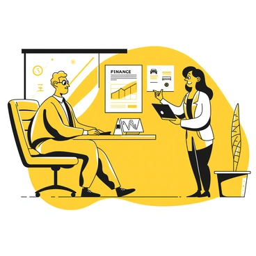 A customer sitting at a desk in a dealership office, discussing finance options with a consultant. The customer is a middle-aged man wearing a business casual outfit, looking thoughtfully at a document in front of him. The consultant is a woman with short hair, wearing glasses and a blazer, explaining details while pointing at a financial chart on her tablet. The office has a modern design, with a large window allowing natural light in and a few brochures about vehicles neatly arranged on a shelf nearby. A potted plant sits on the desk, adding a touch of greenery to the scene.