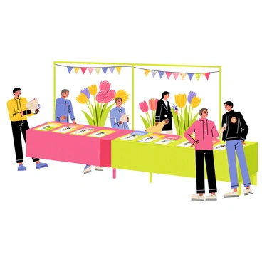 A vibrant flower show exhibit featuring a long table covered with a colorful tablecloth. The table is lined with various free sample packets of seeds, each packet designed with bright floral patterns and labeled with the names of different flowers. In the background, flower arrangements in an array of colors, such as red roses, yellow daisies, and purple tulips, are displayed. Visitors are seen engaging with the exhibit, some examining the seed packets while others admire the flower arrangements. The environment is lively, with banners that read "Free Seed Samples!" fluttering lightly above the table.