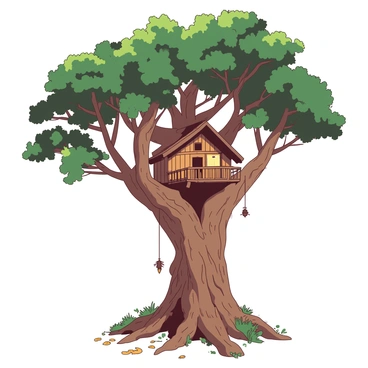 A large, majestic ancient tree with a thick trunk and expansive branches extends upward, creating a natural canopy. Nestled among the branches is a cozy treehouse made of warm, textured wood, with a small balcony that overlooks the surroundings. The tree's bark is detailed with deep grooves and patches of moss, showcasing its age and strength. Sunlight filters through the leaves, casting soft shadows on the ground beneath, which is scattered with fallen leaves and small plants. The scene conveys a sense of wonder and adventure, as if inviting exploration.