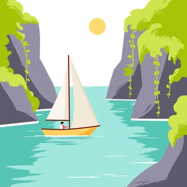 A voilier sailing through clear turquoise waters is surrounded by hidden sea coves. Rocky cliffs rise sharply from the water, showcasing jagged edges. Lush greenery clings to the sides of the cliffs, with various shades of green leaves and vines cascading down. The sun casts a warm glow on the scene, illuminating the vibrant landscape and creating reflections on the water's surface. White sails billow gently in the breeze as the voilier navigates through the serene waters of the cove.